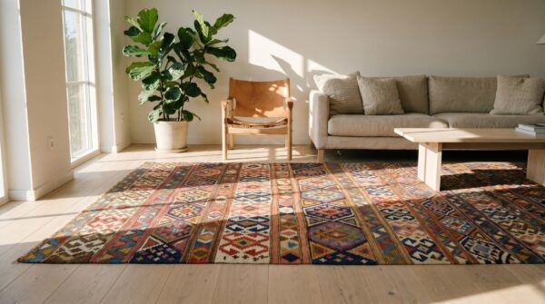 Antique allover geometric wool flat weave multicolor jewel tones 1920s rug 7 Antique allover geometric wool flat weave multicolor jewel tones 1920s rug (sku 18689) - room view