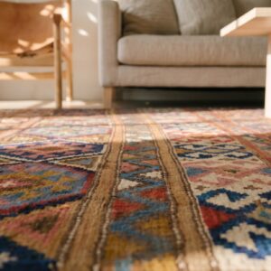 Antique Allover Geometric Wool Flat Weave Multicolor Jewel Tones 1920s Rug (SKU 18689) - in-room detail