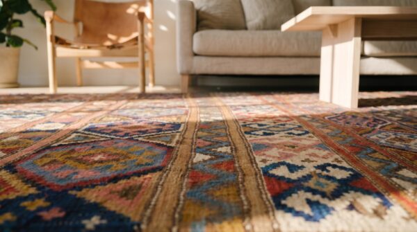 Antique allover geometric wool flat weave multicolor jewel tones 1920s rug 8 Antique allover geometric wool flat weave multicolor jewel tones 1920s rug (sku 18689) - in-room detail
