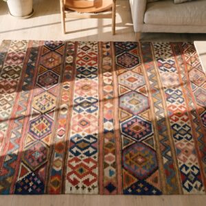 Antique Allover Geometric Wool Flat Weave Multicolor Jewel Tones 1920s Rug (SKU 18689) - styled overhead view