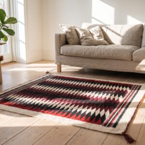 Antique Allover Geometric Wool Flat Weave Multicolor Jewel Tones 1930s Square Rug (SKU 21484) - room view