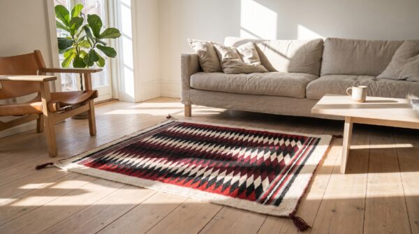 Antique allover geometric wool flat weave multicolor jewel tones 1930s square rug 8 Antique allover geometric wool flat weave multicolor jewel tones 1930s square rug (sku 21484) - room view