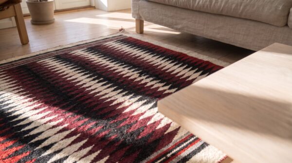 Antique allover geometric wool flat weave multicolor jewel tones 1930s square rug 9 Antique allover geometric wool flat weave multicolor jewel tones 1930s square rug (sku 21484) - in-room detail
