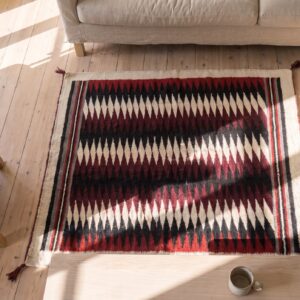 Antique Allover Geometric Wool Flat Weave Multicolor Jewel Tones 1930s Square Rug (SKU 21484) - styled overhead view
