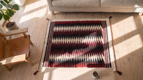 Antique allover geometric wool flat weave multicolor jewel tones 1930s square rug 2 Antique allover geometric wool flat weave multicolor jewel tones 1930s square rug (sku 21484) - styled overhead view