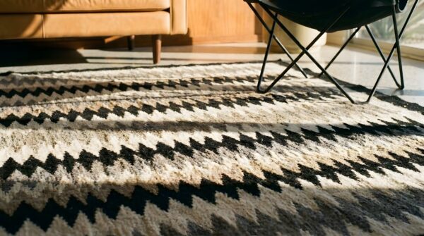 Antique allover geometric wool flat weave multicolor jewel tones 1935 rug 9 Antique allover geometric wool flat weave multicolor jewel tones 1935 rug (sku 25458) - in-room detail