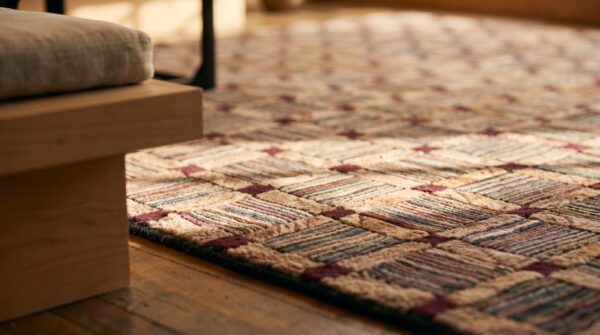 Antique allover geometric hooked - loop pile rug 8 Antique allover geometric hooked - loop pile rug (sku 19906) - in-room detail