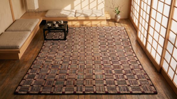 Antique allover geometric hooked - loop pile rug 2 Antique allover geometric hooked - loop pile rug (sku 19906) - styled overhead view