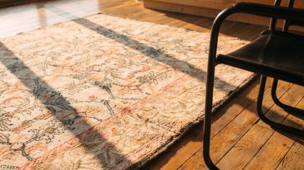 Allover geometric antique indian hand knotted cotton pile agra rug 7 Allover geometric antique indian hand knotted cotton pile agra rug (sku 21140) - in-room detail