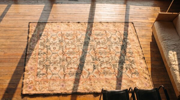 Allover geometric antique indian hand knotted cotton pile agra rug 2 Allover geometric antique indian hand knotted cotton pile agra rug (sku 21140) - styled overhead view