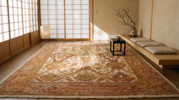 Antique allover geometric wool hand knotted pile ivory beige cream white 1890s rug 6 Antique allover geometric wool hand knotted pile ivory beige cream white 1890s rug (sku 20929) - room view