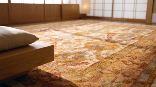 Antique allover geometric wool hand knotted pile ivory beige cream white 1890s rug 7 Antique allover geometric wool hand knotted pile ivory beige cream white 1890s rug (sku 20929) - in-room detail