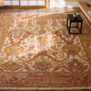 Antique Allover Geometric Wool Hand Knotted Pile Ivory Beige Cream White 1890s Rug (SKU 20929) - styled overhead view