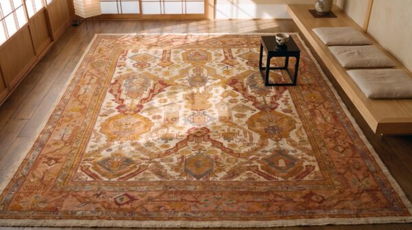 Antique allover geometric wool hand knotted pile ivory beige cream white 1890s rug 2 Antique allover geometric wool hand knotted pile ivory beige cream white 1890s rug (sku 20929) - styled overhead view