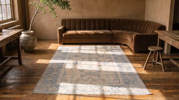 Antique allover geometric wool hand knotted pile ivory beige cream white 1920s rug (sku 21150) - room view