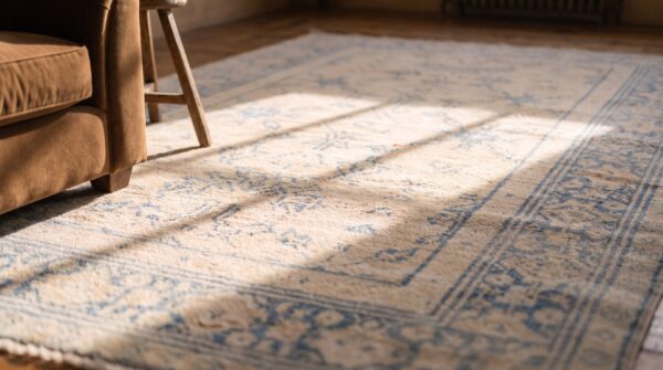 Antique allover geometric wool hand knotted pile ivory beige cream white 1920s rug (sku 21150) - in-room detail
