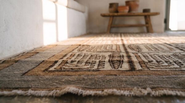 Antique allover geometric wool hand knotted pile ivory beige cream white 1930s rug 13 Antique allover geometric wool hand knotted pile ivory beige cream white 1930s rug (sku 18907) - in-room detail