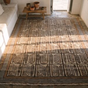 Antique Allover Geometric Wool Hand Knotted Pile Ivory Beige Cream White 1930s Rug (SKU 18907) - styled overhead view