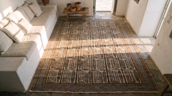 Antique allover geometric wool hand knotted pile ivory beige cream white 1930s rug 2 Antique allover geometric wool hand knotted pile ivory beige cream white 1930s rug (sku 18907) - styled overhead view
