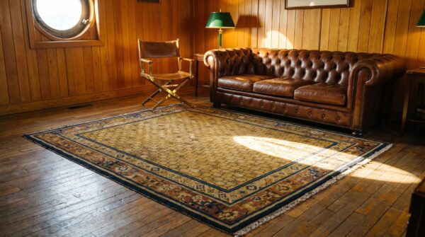 Antique allover geometric wool hand knotted square yellow 1800s rug 11 Antique allover geometric wool hand knotted square yellow 1800s rug (sku 22799) - room view