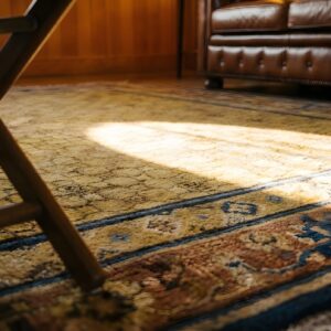 Antique Allover Geometric Wool Hand Knotted Square Yellow 1800s Rug (SKU 22799) - in-room detail