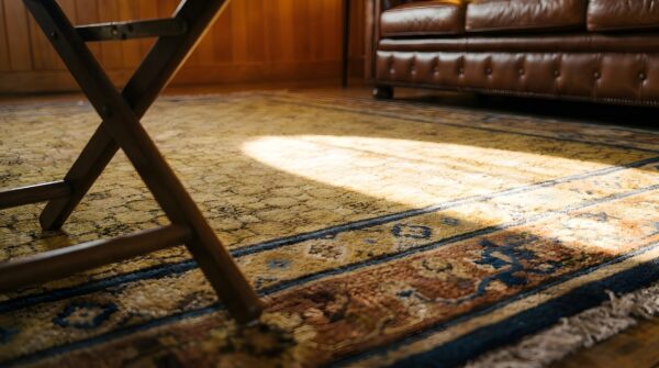 Antique allover geometric wool hand knotted square yellow 1800s rug 12 Antique allover geometric wool hand knotted square yellow 1800s rug (sku 22799) - in-room detail