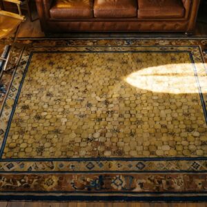 Antique Allover Geometric Wool Hand Knotted Square Yellow 1800s Rug (SKU 22799) - styled overhead view