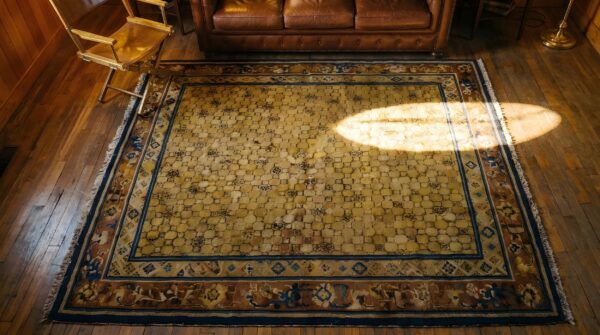 Antique allover geometric wool hand knotted square yellow 1800s rug 2 Antique allover geometric wool hand knotted square yellow 1800s rug (sku 22799) - styled overhead view