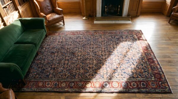 Antique allover herati design blue color wide gallery size nw persian rug 2 Antique allover herati design blue color wide gallery size nw persian rug (sku 22638) - styled overhead view