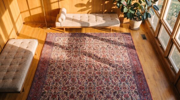 Allover herati pattern light ivory color antique persian malayer gallery rug 2 Allover herati pattern light ivory color antique persian malayer gallery rug (sku 21318) - styled overhead view