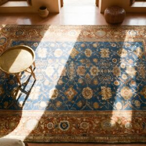 Allover Large Scale Arts and Crafts Pattern Antique Light Blue Color Big Persian Sultanabad Rug (SKU 24881) - styled overhead view