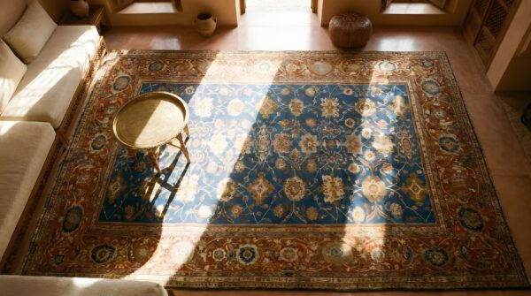 Allover large scale arts and crafts pattern antique light blue color big persian sultanabad rug 2 Allover large scale arts and crafts pattern antique light blue color big persian sultanabad rug (sku 24881) - styled overhead view