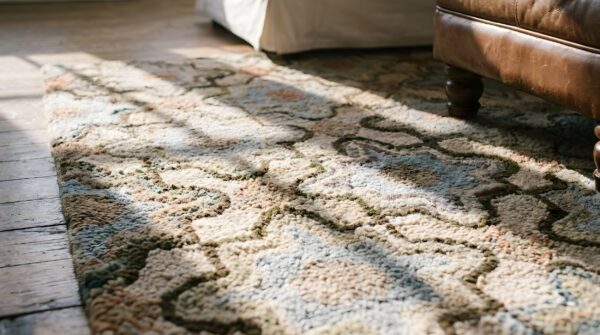 Antique allover star pattern american hooked loop pile rug (sku 25689) - in-room detail