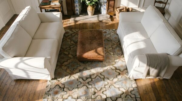 Antique allover star pattern american hooked loop pile rug (sku 25689) - styled overhead view