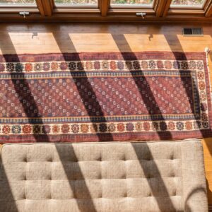 Allover Tribal Design Antique Kurdish Persian Blue Hallway Runner Rug (SKU 18712) - styled overhead view