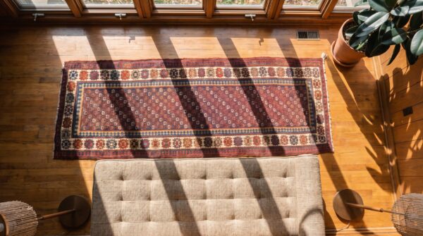 Allover tribal design antique kurdish persian blue hallway runner rug 2 Allover tribal design antique kurdish persian blue hallway runner rug (sku 18712) - styled overhead view