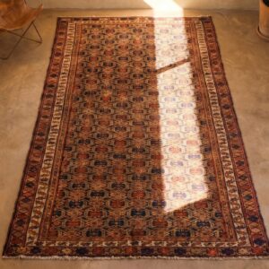 Antique Allover Tribal Geometric Earth Tone Northwest Persian Area Rug (SKU 19035) - styled overhead view