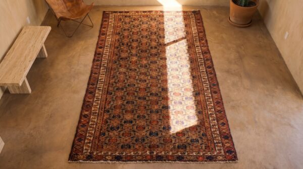 Antique allover tribal geometric earth tone northwest persian area rug 2 Antique allover tribal geometric earth tone northwest persian area rug (sku 19035) - styled overhead view