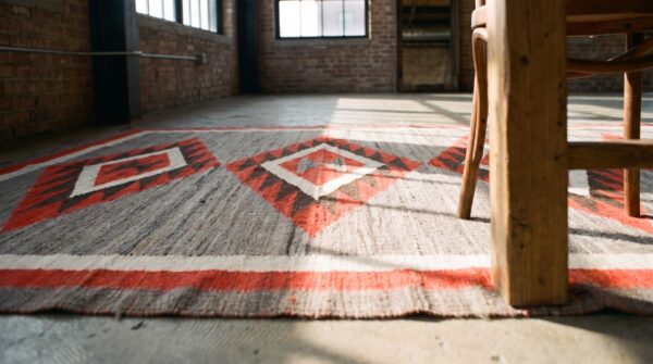 Allover tribal antique gray tribal geometric flat weave native american navajo rug 6 Allover tribal antique gray tribal geometric flat weave native american navajo rug (sku 20581) - in-room detail