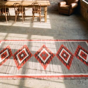 Allover Tribal Antique Gray Tribal Geometric Flat Weave Native American Navajo Rug (SKU 20581) - styled overhead view