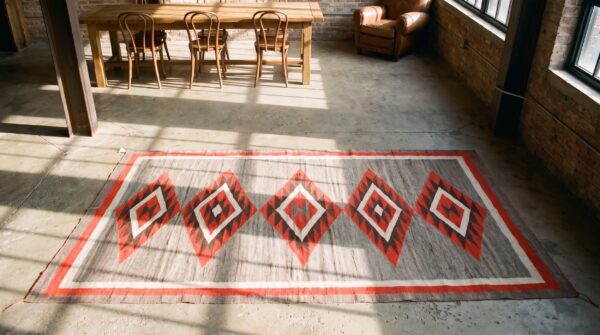Allover tribal antique gray tribal geometric flat weave native american navajo rug 2 Allover tribal antique gray tribal geometric flat weave native american navajo rug (sku 20581) - styled overhead view