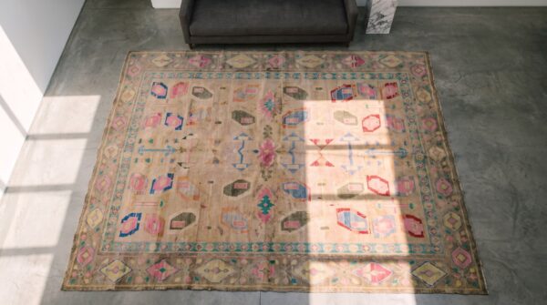 Antique allover tribal pattern indian cotton agra area rug (sku 21032) - styled overhead view
