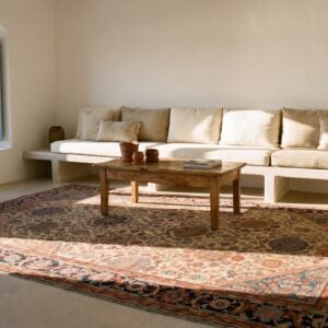 Wool Antique Allover Tribal Persian Room Size Sultanabad Light Cream Color Rug (SKU 25523) - room view