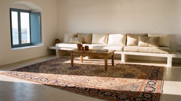 Wool antique allover tribal persian room size sultanabad light cream color rug 8 Wool antique allover tribal persian room size sultanabad light cream color rug (sku 25523) - room view