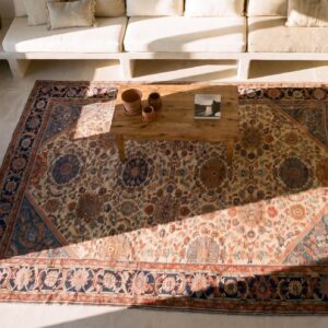 Wool Antique Allover Tribal Persian Room Size Sultanabad Light Cream Color Rug (SKU 25523) - styled overhead view