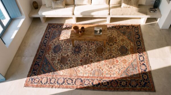 Wool antique allover tribal persian room size sultanabad light cream color rug 2 Wool antique allover tribal persian room size sultanabad light cream color rug (sku 25523) - styled overhead view
