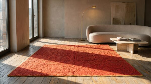 Antique american 1920s red square floral medallion wool hand knotted rug 22 Antique american 1920s red square floral medallion wool hand knotted rug (sku 20715) - room view