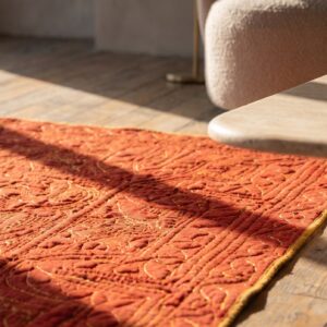 Antique American 1920s Red Square Floral Medallion Wool Hand Knotted Rug (SKU 20715) - in-room detail