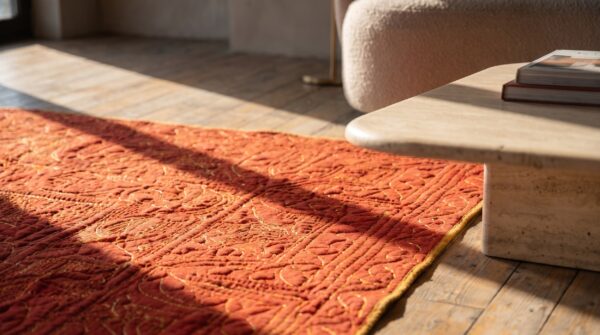 Antique american 1920s red square floral medallion wool hand knotted rug 23 Antique american 1920s red square floral medallion wool hand knotted rug (sku 20715) - in-room detail