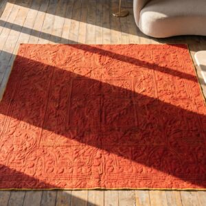 Antique American 1920s Red Square Floral Medallion Wool Hand Knotted Rug (SKU 20715) - styled overhead view